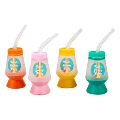 three sippy cups with straws in them are lined up against a white background