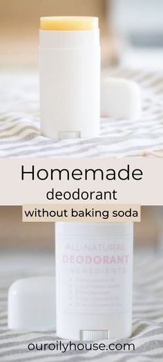 homemade deodorant with baking soda on the bed and text overlay that reads homemade deodorant without baking soda