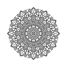 a black and white drawing of a circular flower design on a white background stock illustration