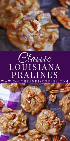 some pecans are sitting on a purple and white checkered table cloth with the words classic louisiana pralines