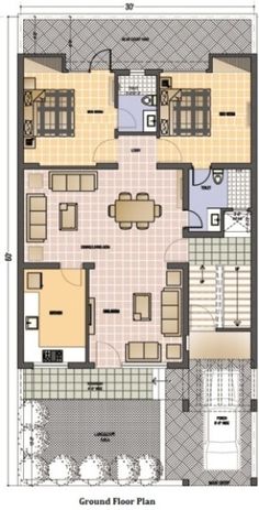 the ground plan for a house with two floors and an attached living room, kitchen and dining