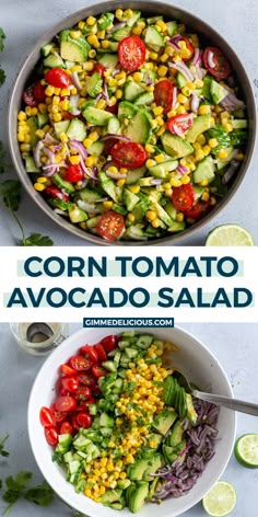 corn tomato avocado salad with cilantro and red onion in a bowl