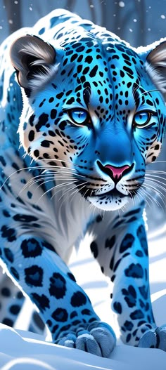 a painting of a blue leopard walking through the snow