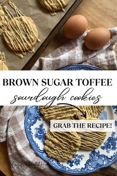 brown sugar toffe cookies on a blue and white plate with an egg in the background