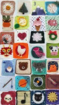 a large group of crocheted squares with animals and other things on them