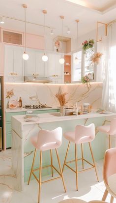 a kitchen with marble counter tops and pink bar stools