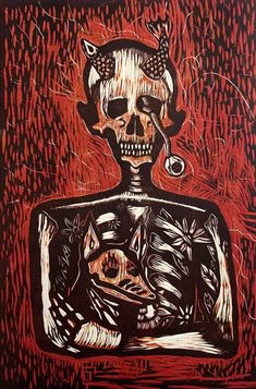 a painting of a skeleton sitting in front of a red background with black and white lines