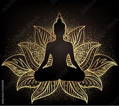 the silhouette of a person sitting in lotus position on a black background with gold glitters