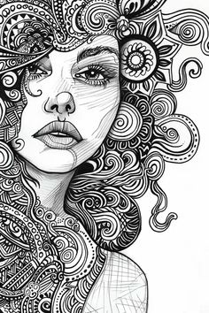 a drawing of a woman's face with swirls and circles around her head