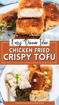 chicken fried crispy tofu on a plate with text overlay that reads easy dinner idea