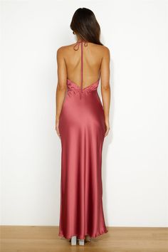 Length from shoulder to hem of size S: 132cm. 
 Maxi dress. 
 Unlined.  
 Model is a standard XS and is wearing size XS. 
 True to size. 
 Non-stretch fabric. 
 Low back. 
 Halterneck. 
 Zipper. 
 Cold hand wash only. 
 Polyester. 
 
 
 
 
 
 
 
 
 
 
 
 
 Let's celebrate love in the Wedding Season Satin Maxi Dress. Featuring a low back and halterneck design. Style with heels for all the likes. First Day Outfit, Bridal Shower Dress, Maxi Dress Prom, Shower Dresses, Rust Dress, Celebrate Love, Satin Maxi, Satin Maxi Dress, Long Sleeve Lace Dress