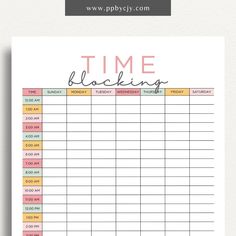 a printable time card with the words time blocking in pink and yellow on it