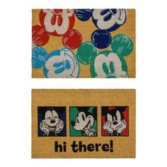 two mickey mouse door mats with the words, hit there and mickey mouse on them