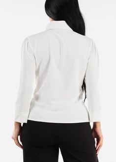 White Color
Tie included. Solid. 
Long Sleeve. Button up closure . No pockets. Shirt collar.  Stretchy Material made from 100% Polyester Hand wash cold; Hang Dry Length from high point of shoulder to hem 24".   Imported
Measured from and model wearing size Small 
 SKU: 20049H_YT3905IVORY White Tops For Office, White Solid Color Top For Office, White Solid Color Office Tops, Solid Collared Tops With Button Cuffs, White Lapel Collar Blouse For Work, White Long Sleeve Office Tops, White Long Sleeve Tops For Office, White Blouse With Lapel Collar For Work, White Tops With Pockets And Collared Neckline