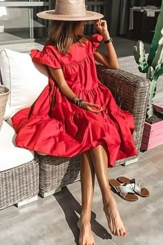 Ruffle Design A Line Midi Dress Red Summer Dresses, Fashion Themes, Alexa Chung, Midi Dress With Sleeves, One Piece Dress, Streetwear Women, Women's Summer Fashion, White Mini Dress, Summer Dresses For Women