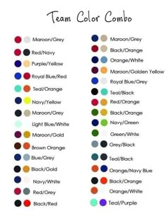 the color chart for each team's colors