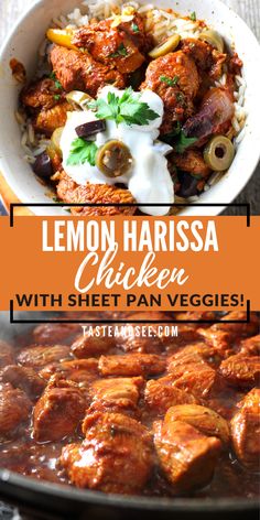 lemon harissa chicken with sweet pan veggies in a white bowl on a table