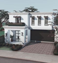 an artist's rendering of a two story house with plants on the front and side