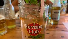 a close up of a glass with a plant in it on a table next to other glasses