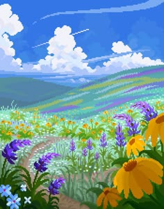 a painting of flowers in a field with blue sky and clouds