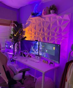 white setup pc computer purple setup Purple Setup Aesthetic, Purple And Green Pc Setup, Purple Pc Setup Aesthetic, Gaming Purple Aesthetic, Stream Desk Setup, Eclectic Gaming Setup, Purple Setup Gaming, Gaming Room Setup Purple, White And Purple Pc Setup