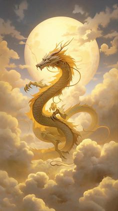 a yellow dragon sitting on top of a cloud filled sky with the moon in the background