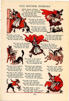 an old mother hubard book with pictures of cats and dogs dressed as wizard's