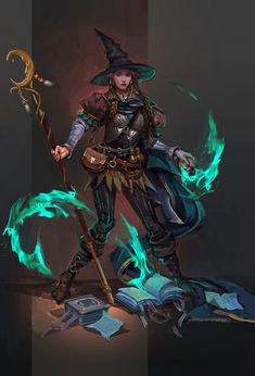 a woman dressed as a wizard holding a wand and wearing a hat with fire on it