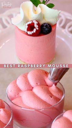 a small raspberry mousse cake on a plate and piping the mousse in a glass cup Raspberry Mousse Recipe, Mousse Recipes Easy, Raspberry Desserts, Raspberry Mousse, Mousse Dessert, Raspberry Recipes, Fancy Desserts, Fun Baking Recipes