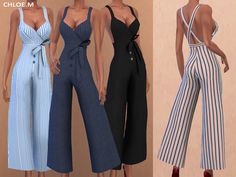 three different styles of women's jumpsuits with straps