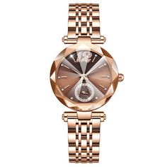 The image provided is of a wristwatch, not a garment. However, here is a description of the watch in the image following the requested format as closely as possible: Material: Metal, glossy finish Color: Rose gold tones Design: Geometric face, crystal accents Style: Luxury wristwatch Occasions: Formal events, business Styling: Pair with elegant attire Gold Diamond Watches, Diamond Face, Glass Style, Women Diamond, Women Wrist Watch, Diamond Watch, Women's Watch, Rose Gold Diamonds, Wine Red