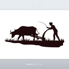 a farmer is plowing the field with his oxen silhouetted on a white background