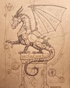 a drawing of a dragon sitting on top of a table