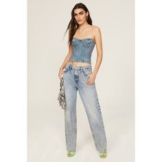 Blue denim (100% Cotton). Cropped. Sleeveless. Strapless. Back zipper closure. 12" from shoulder to hemline. Imported. Denim Corset Top, Leather Joggers, Ronny Kobo, Denim Corset, Top Forever 21, Abercrombie And Fitch Jeans, Rent The Runway, Cropped Tube Top, Forever21 Tops