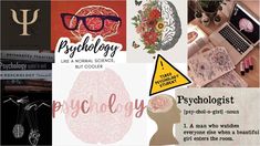 a collage of images with words and pictures on them that include books, flowers, eyeglasses, an image of a person's brain