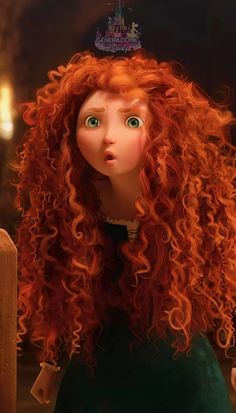 a close up of a doll with red hair wearing a tiara and looking at the camera