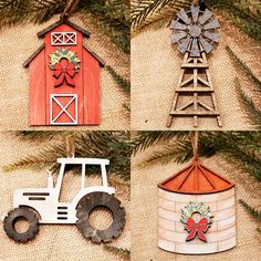 four farm themed ornaments hanging from a tree