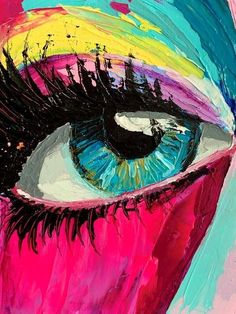 an abstract painting of the eye of a woman's blue, pink and yellow iris