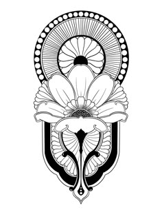 a black and white drawing of a flower with an ornate design on the front side