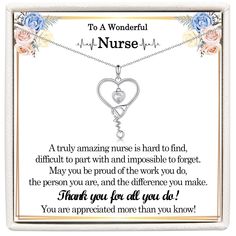 a nurse necklace with the words to a wonderful nurse on it and an image of a heart