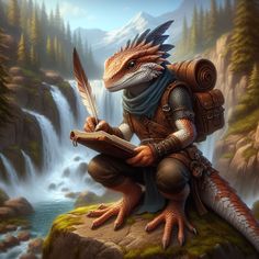 a painting of a lizard holding a feather and sitting on a rock next to a waterfall