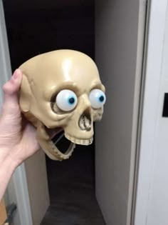 a person holding up a fake skull with eyes