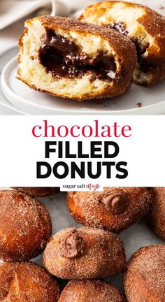 chocolate filled doughnuts on a white plate with the title above it in red