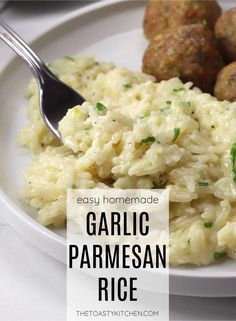 garlic parmesan rice with meatballs on the side