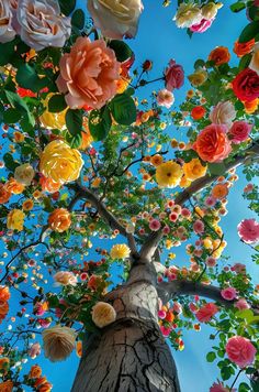 a tree with lots of colorful flowers growing on it's branches and leaves in the sky