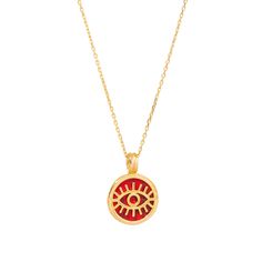 Shield yourself from negative energies with the Minimalist Coral & Gold Round Evil Eye Pendant Talisman Necklace. Featuring a round coral stone, adorned with a gold evil eye talisman, this pendant is designed for spiritual protection. Crafted with 18k gold plating on sterling silver and paired with a luxurious gold vermeil chain, this minimalist necklace is both fashionable and meaningful, perfect for everyday wear. Details 18K gold plated on sterling silver Coral stone Necklace length 18" and 2'' extender Pendant height 0. 5'' Pendant width 0. 5'' Avoid contact with chemicals, makeup, parfume. Do not use dips or abrasive cleaners on necklace. To clean and brighten it up your necklace, wipe them gently with jewelry polishing cloth. Handmade Red Medallion Necklace, Red Necklace With Adjustable Chain, Spiritual Red Pendant Necklace, Red Charms Necklace With Round Pendant, Red Necklace With Charms And Round Pendant, Red Charms Round Pendant Necklace, Red Necklace With Round Pendant And Charms, Red Pendant Jewelry For Everyday, Symbolic Red Gemstone Jewelry