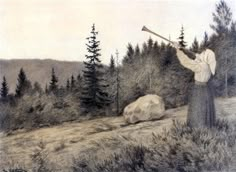 a drawing of a man holding a large rock in the middle of a wooded area