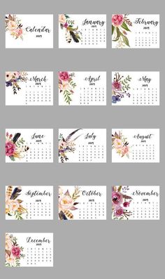 a calendar with watercolor flowers on it and the date for each month in english