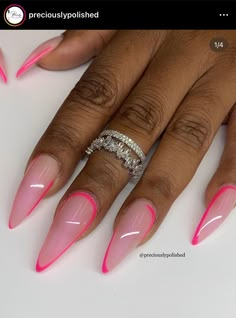 Trendy Oval Nails Designs, Summer Nail Ideas French Tips Almond, Oval Acrylic Nails Designs, Almond Nail Designs Trending Now, Pink French Tip Nails Almond, Pointed Nails, Classy Acrylic Nails