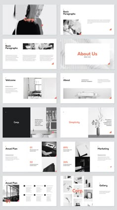 an image of a bunch of white and red presentation slideshows with orange accents